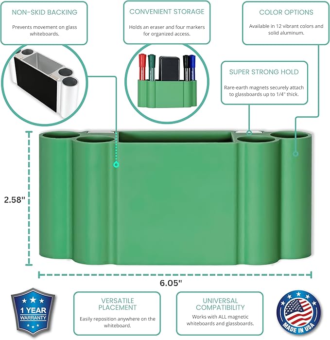 Glassboard Studio Magnetic Dry Erase Marker Holder - Super Strong for Magnetic Glass Whiteboard or Fridge - 2 Large Neodymium Magnets - No Slip Grip - Eco-Friendly PLA Plastic (Spring Green, KIT)