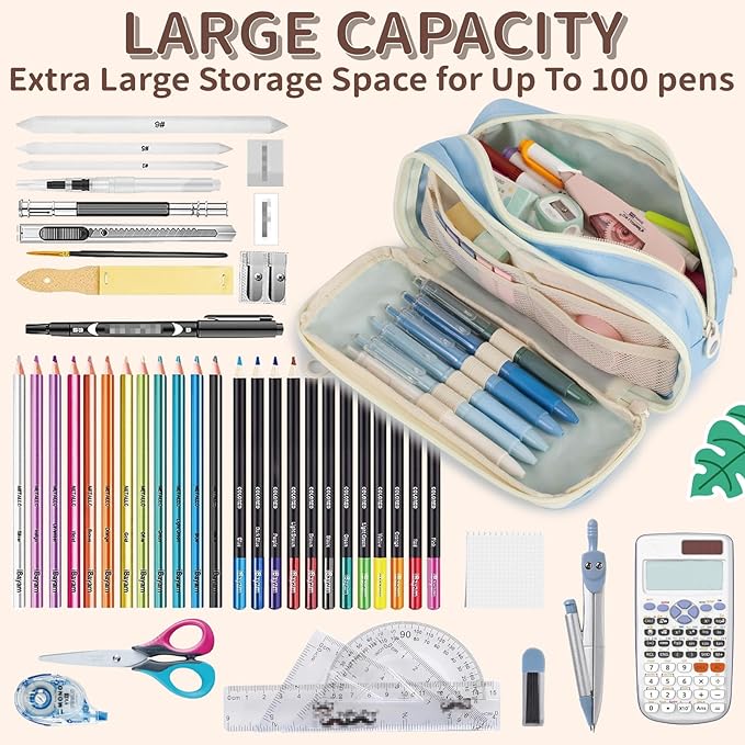 Large Capacity Pencil Case with Compartments, School Pencil Bags with Zipper, Big Storage Pen Bag for Teen Girl Boy Men Women, Adult Stationery Pen Bag for School College and Office