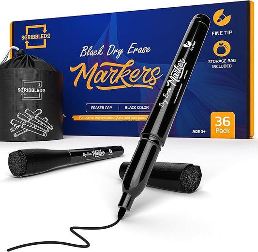Scribbledo 36 Pack Dry Erase Markers Black Fine Tip Whiteboard Markers with Eraser Cap Thin Low Odor Skinny White Board Markers for Kids Adults Students Teachers Home School & Office
