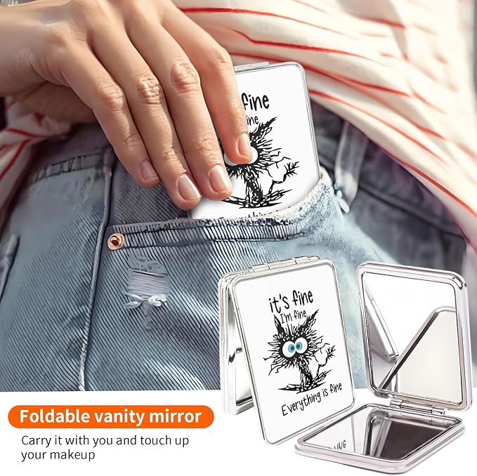 Compact Pocket Mirror, Cute Travel Mini Mirror with Magnification, Foldable Double-Sided Portable Cosmetic Mirror for Men, Women Fine Cat