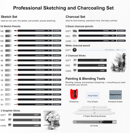 33 Piece Sketching Pencil Set - 5H to 14B Pencils, Charcoal Pencils, Charcoal Sticks,Graphite Sticks,Painting tools – drawing pencil set for Beginners, Artists, Students, Kids