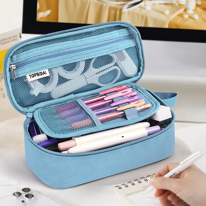 Large Pencil Case Pouch for Girls Boy Kids Children, Big Capacity Canvas Pencil Bag, Office College School Multi Compartment Zipper Stationery Pen Bag (Light Blue)