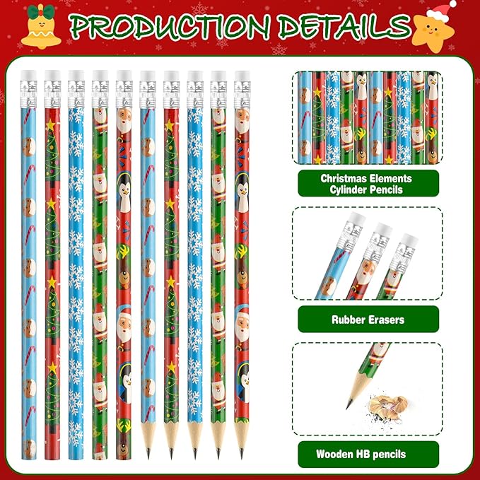 Zuazaor 200 Piece Christmas Pencils Student Mixed-color Cute Wooden Pencils in Bulk Pencils with Eraser Wood Graphite Pencil for Kids Girls Boys (Christmas Day)
