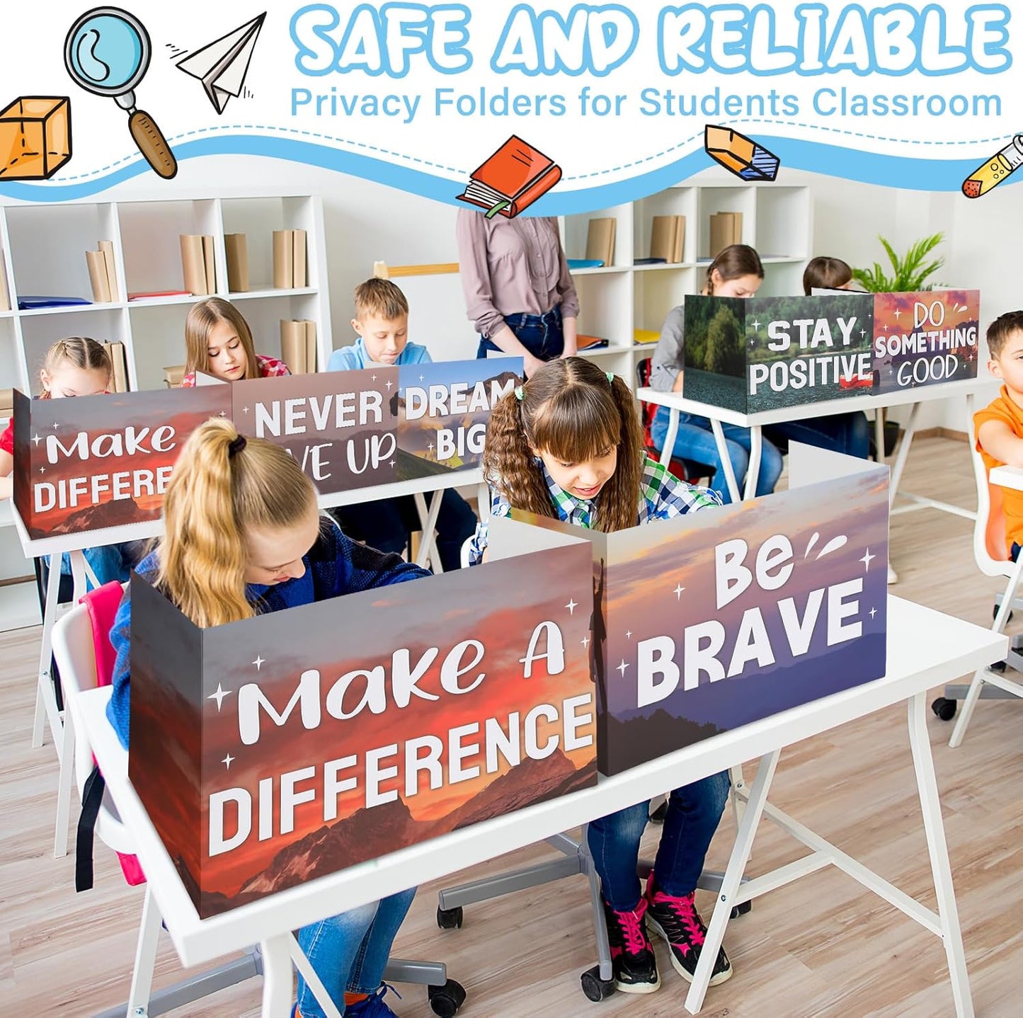 Honoson 24 Pcs Bulk Inspirational Privacy Folders for Students Cardboard Test Privacy Boards Motivational Words Desk Dividers Shield for Classroom School Study Supplies, 6 Styles(Scene)