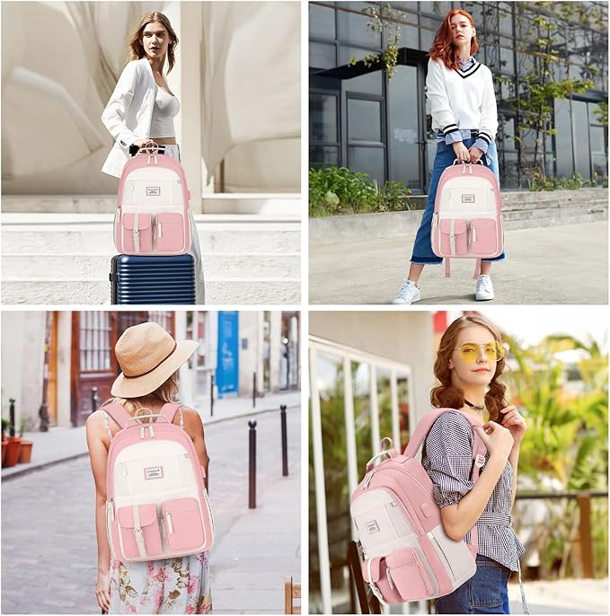 School Backpack BookBag for Teen Girl: 15.6 Inch Cute Laptop Backpacks for Middle High School Casual College Back Packs with USB Charging Port Aesthetic Daypack Travel Book Bag for Kids Students Women