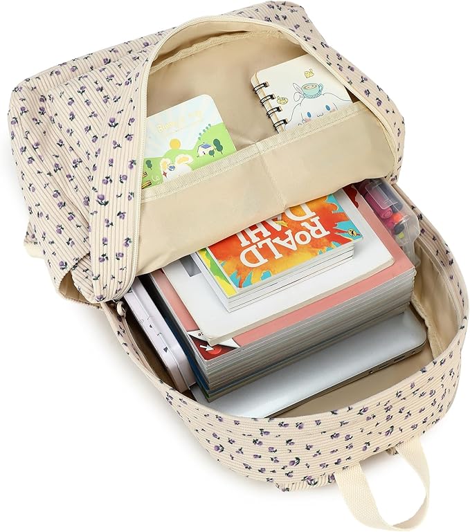 School Backpack for Teens Large Corduroy Bookbag Lightweight Girls Boys Casual High School College 17 inch Laptop Travel Bag (B-Purple flower)