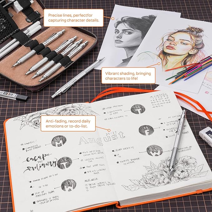 Nicpro 20PCS Metal Mechanical Pencil Set in Leather Case, Art Drafting Pencil 0.3, 0.5, 0.7, 0.9 mm & 2mm Lead Holders, 9 Tube (4B 2B HB 2H Colors) Lead Refills, Erasers For Sketching Drawing