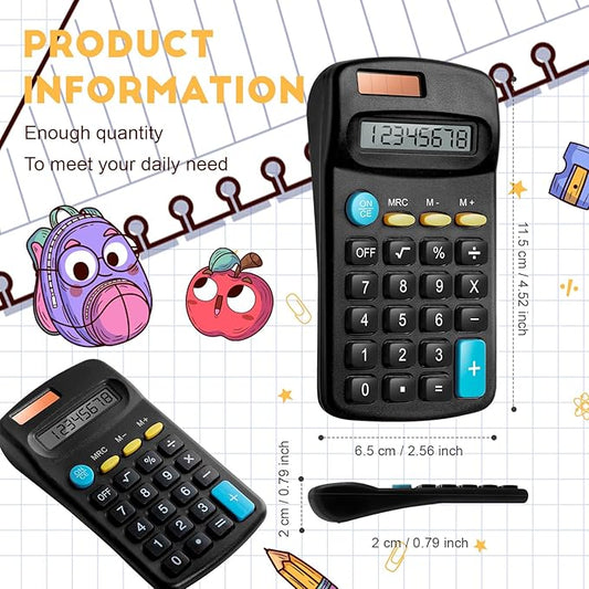 12 Packs Pocket Size Mini Black Calculator Basic Calculators for Handheld Angled Students 8 Digit Display Solar Battery Dual Power Small Calculator for Students Kids Home Office