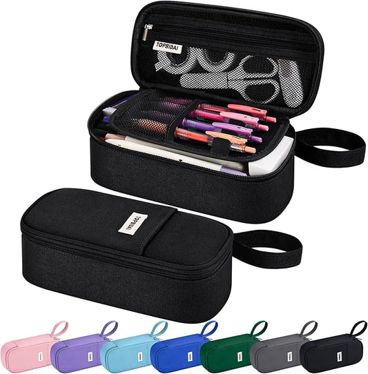 Large Pencil Case Pouch for Boy Men Kids Adults, Big Capacity Canvas Pencil Bag, Office College School Multi Compartment Zipper Stationery Pen Bag (Black)