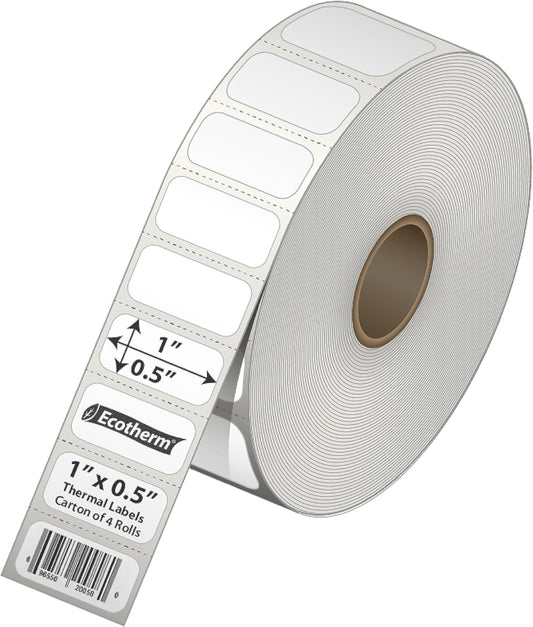 1" x .5" Thermal Labels | 4 Rolls | 9800 Labels | fits Zebra, Godex, Arkscan, iDPRT, Offnova Thermal Label Printers and More | Blank White Adhesive Stickers by Ecotherm