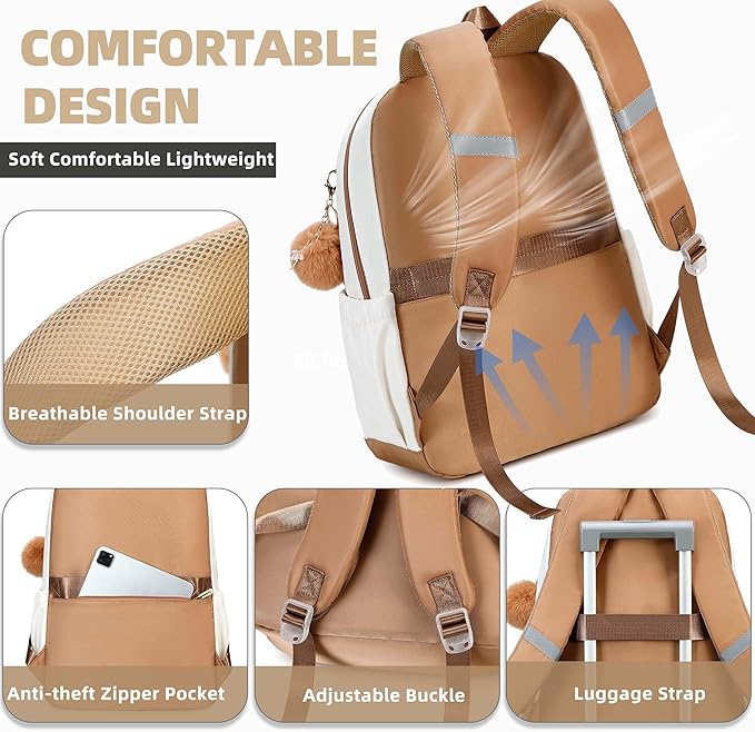 AO ALI VICTORY School Backpack for Girls Women 15.6 Inch Laptop Backpacks College Bookbag Cute Kids Elementary Middle High School Bag with Lunch Box Set for Teens Students Travel Daypack, Brown Set