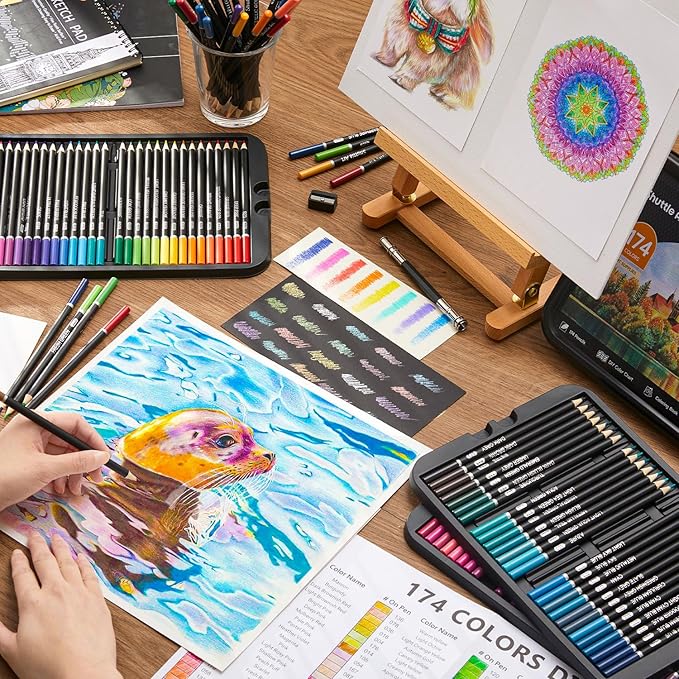 174 Colors Professional Colored Pencils, Shuttle Art Soft Core Coloring Pencils Set with 1 Coloring Book,1 Sketch Pad, 4 Sharpener, 2 Pencil Extender, Perfect for Artists Kids Adults Coloring, Drawing