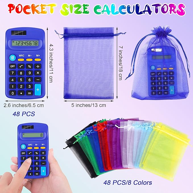 Aodaer 48 Pieces Back to School Pocket Size Calculator with Drawstring Bags Back to School 8 Digit Display Basic Calculator Mini Calculator Bulk for School Students Desktop Home Office, 8 Colors