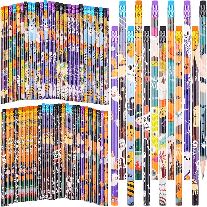 Kolewo4ever 100 Pieces Halloween Pencils Ghost Pumpkin Wood Pencils with Eraser Tops,Assortment Halloween Stationery Pencil for Halloween Party Favors,12 Styles