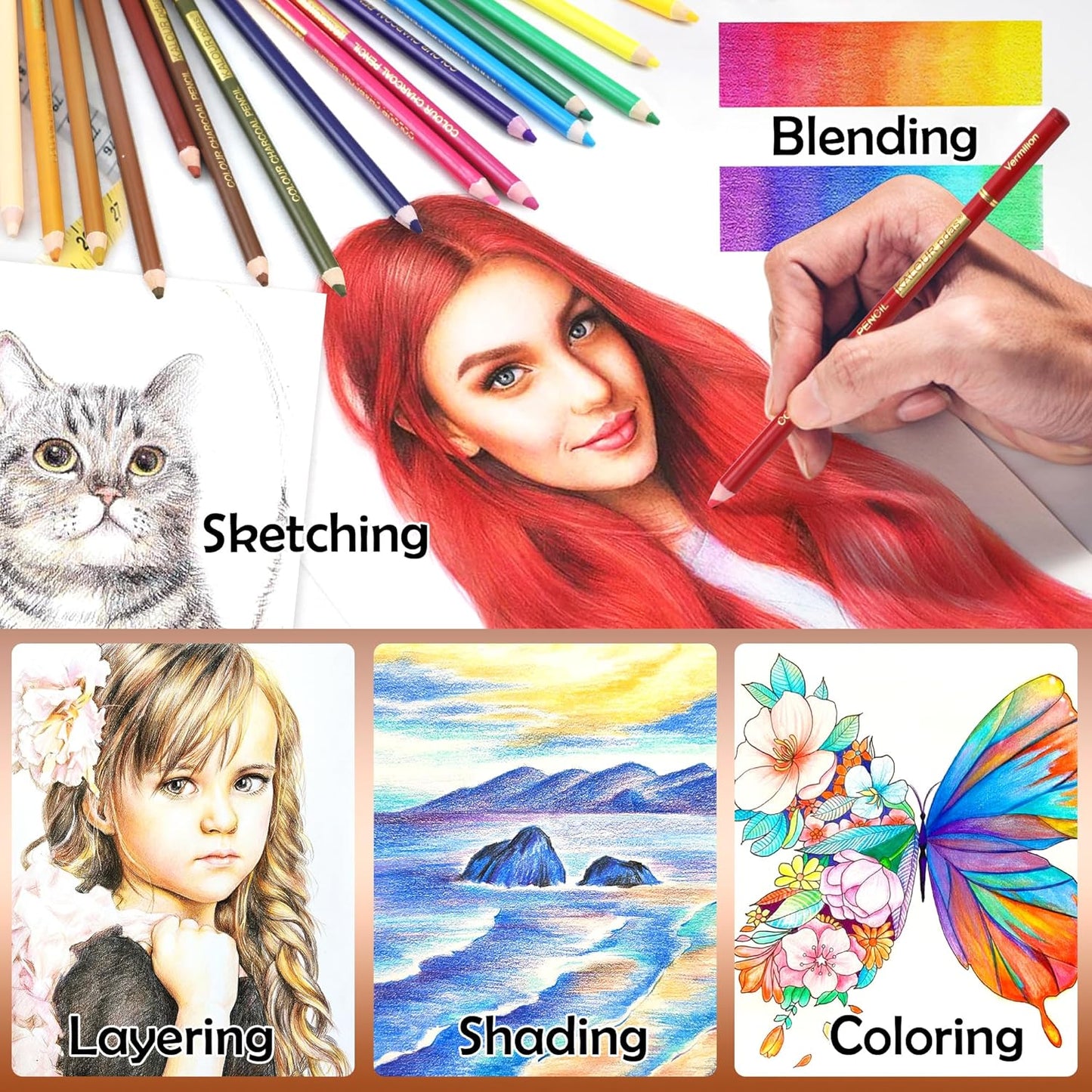 KALOUR PDAS 24 Premium Colored Charcoal Pencils Drawing Set, Quality Pastel Chalk Pencils, Skin Tone Colored, for Coloring, Sketching, Drawing, Layering & Blending for Beginners & Artists