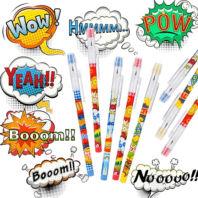 Kolewo4ever 48 Pcs Hero Pencils Translucent Pencil Multipoint Non Sharpening Stackable Pencils Pop Up Plastic Pencils Pow! Snap! Wham! Bang! Pencil for Party Favors