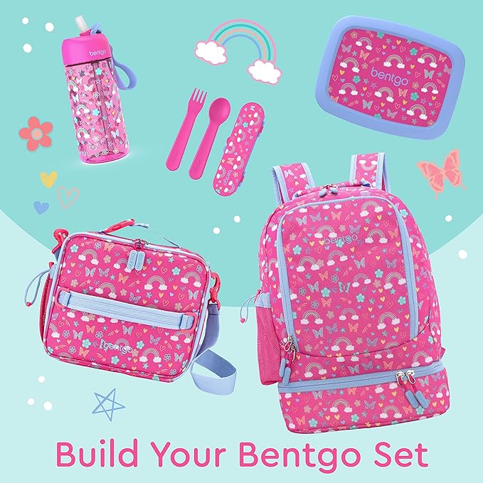 Bentgo Kids 2-in-1 Backpack & Insulated Lunch Bag - Durable 16” Backpack & Lunch Container in Unique Prints for School & Travel - Water Resistant, Padded & Large Compartments (Rainbows & Butterflies)