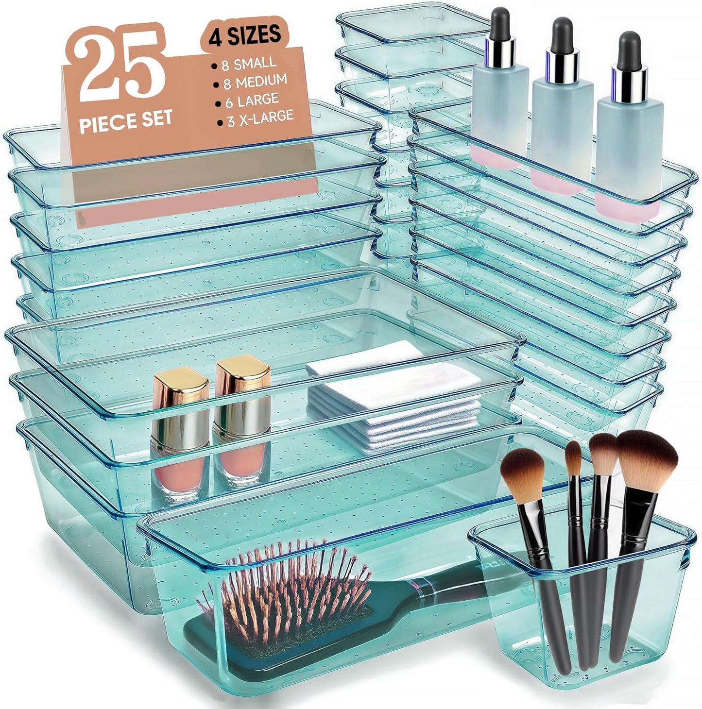 Kitchen Desk Drawer Organizers Storage for Office, Small Acrylic Vanity Trays Makeup Organizer for Drawer Bathroom Plastic Make up Organizers 25 Pcs Clear Blue