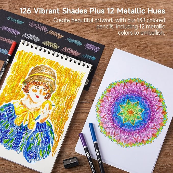 Shuttle Art 138 Colors Professional Colored Pencils, Soft Core Coloring Pencils Set with 1 Coloring Book,1 Sketch Pad, 4 Sharpener, 2 Pencil Extender, Perfect for Artists Kids Adults, Drawing