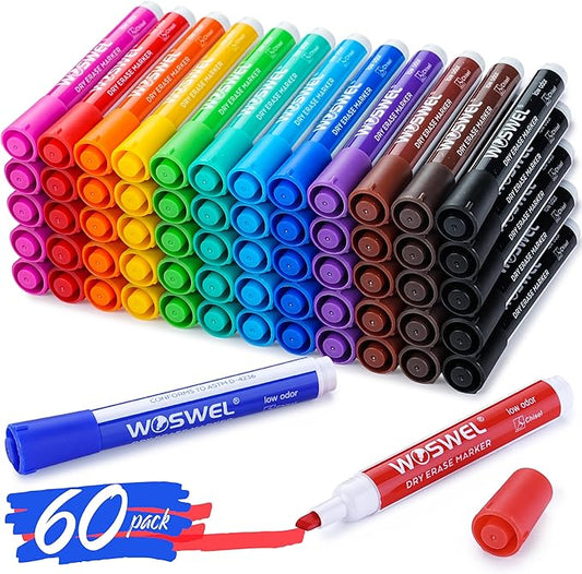 Dry Erase Markers, 60 Bulk Pack, 12 Assorted Colors Chisel Tip Whiteboard Markers, Chisel Point Low Odor Dry Erase Markers