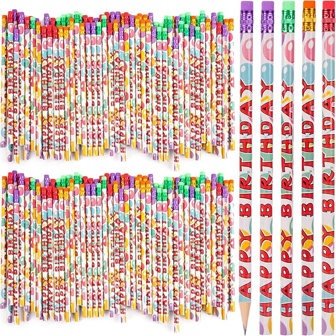 Kolewo4ever 100Pcs Happy Birthday Pencils Colorful Printed Pencils for Students Happy Birthday Teacher Pencil Classroom with Top Erasers for Kids Birthday Party Supplies Favors