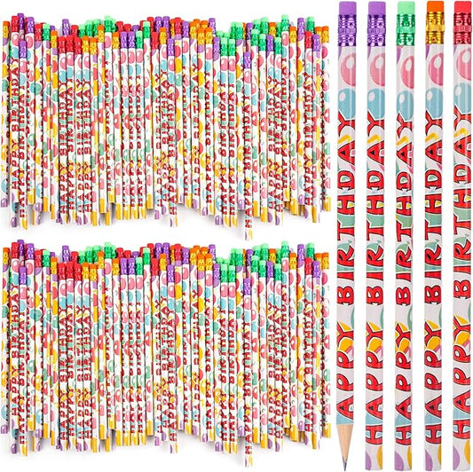 Kolewo4ever 100Pcs Happy Birthday Pencils Colorful Printed Pencils for Students Happy Birthday Teacher Pencil Classroom with Top Erasers for Kids Birthday Party Supplies Favors