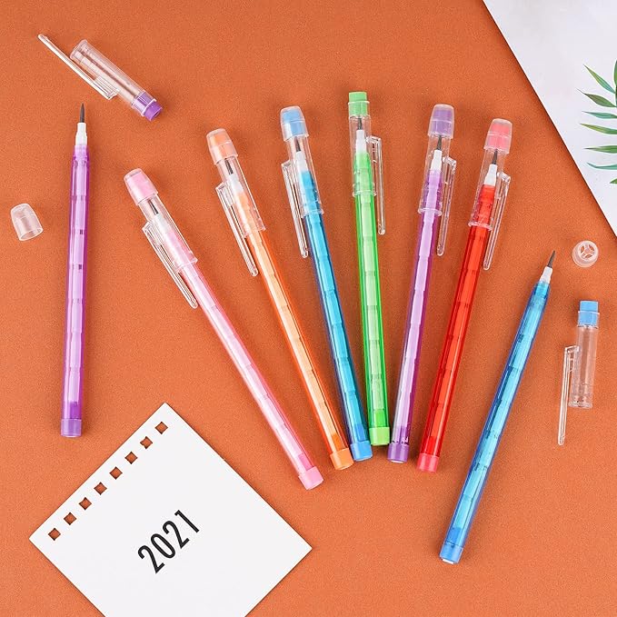 Kolewo4ever 36pcs HB Translucent Pencil Multipoint Pencil Multicolor Non Sharpening Stackable Pencils Pop Up Plastic Pencil with Eraser Top for Kids, Students, Teachers, Office Staff