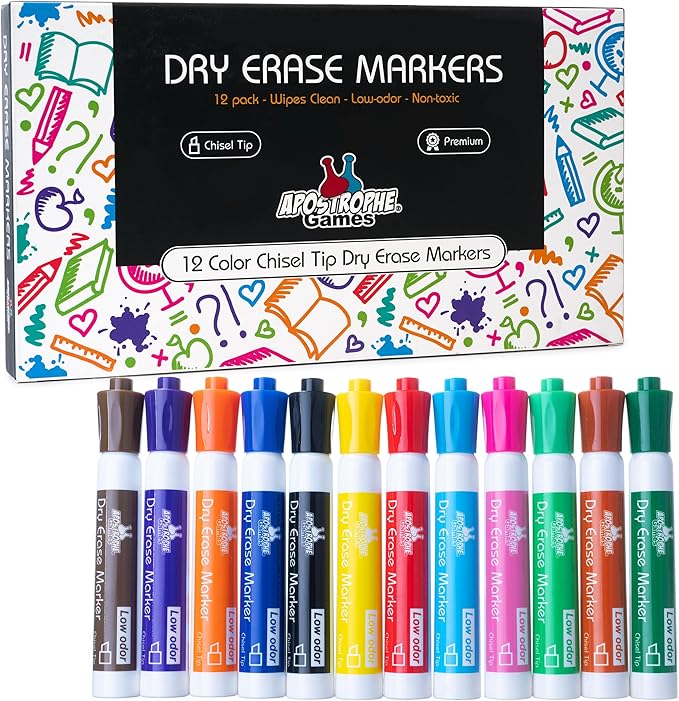 Apostrophe Games Low-Odor Chisel Tip Dry Erase Whiteboard Markers - Multicolor Pen Variety Pack, 12 Colors - Reusable Markers, Wipes Clean