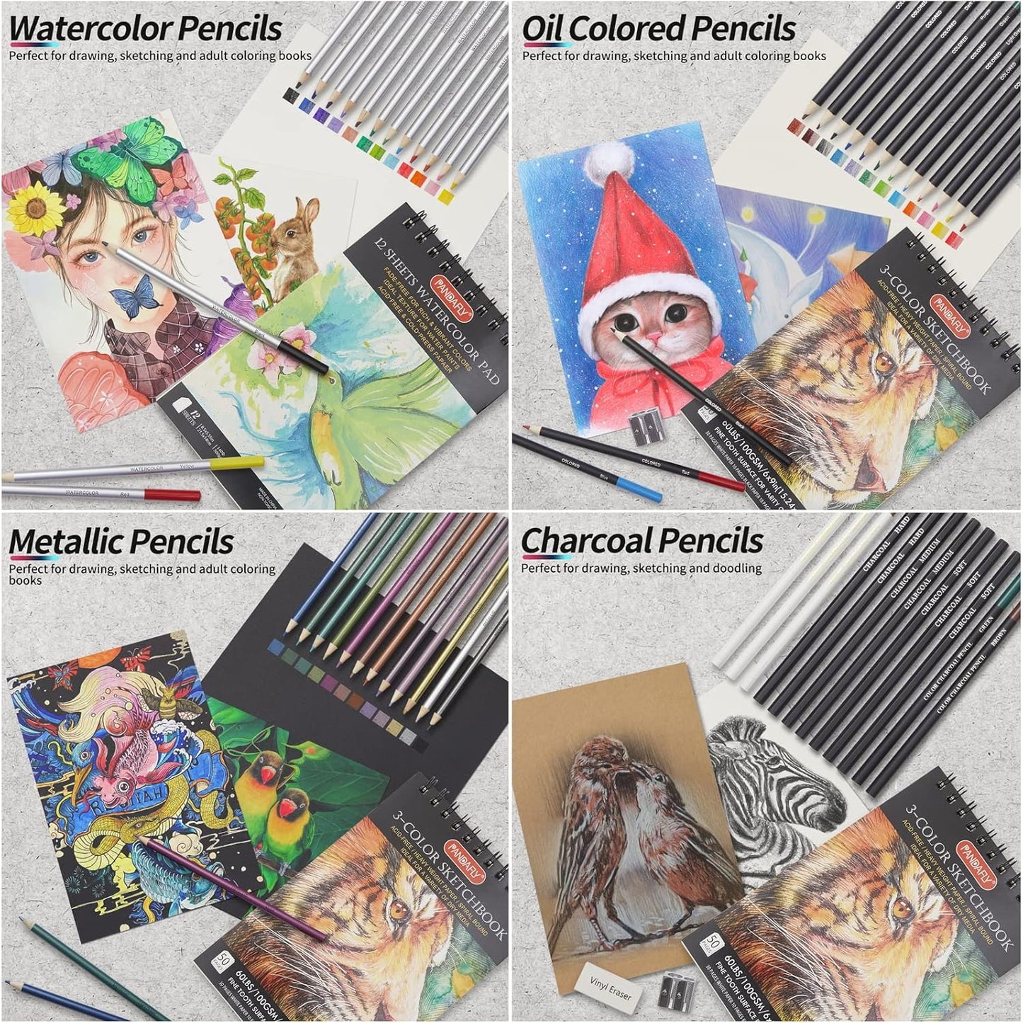 PANDAFLY 80 Pack Drawing Set Sketching Kit, Pro Art Supplies with 3-Color Sketchbook, Watercolor Pad, Colored, Graphite, Charcoal, Metallic Pencil, for Artist Adults Kids Beginner