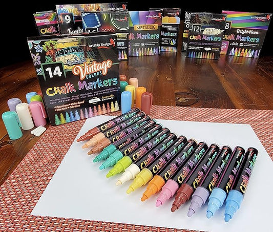 ArtShip Design 14 Vintage Colors Chalk Markers - Reversible Medium Tip Liquid Chalk Pens Wet Erasable - Menu Boards, Glass, Windows, Whiteboards, Classrooms, Mirrors, Chalkboards, Plastic, Metal