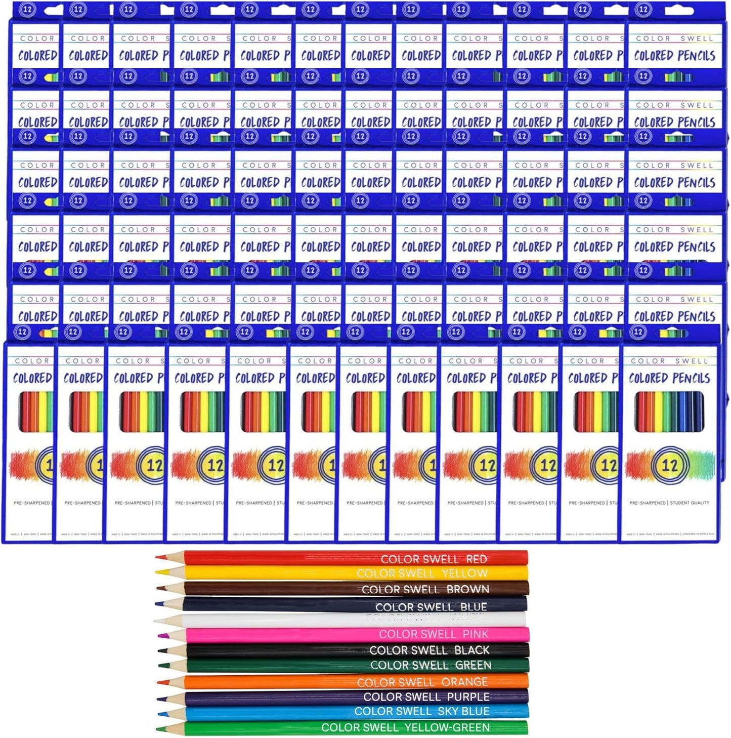 Color Swell Bulk Colored Pencil Packs 60 Sets 12 Count Assorted Vibrant Pre-Sharpened Colors 720 Total Perfect for Kids, Teachers and Classrooms