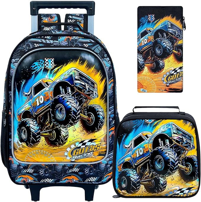3Pcs Truck Rolling Backpack for Boys, Kids School Backpacks with Wheels, Roller Bookbag with Lunch Box for Elementary Preschool(Black)