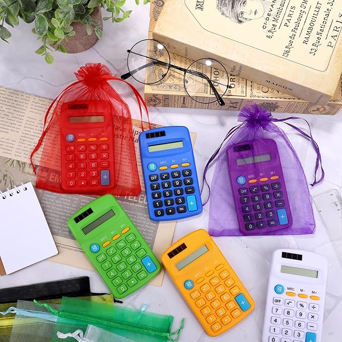 Aodaer 48 Pieces Back to School Pocket Size Calculator with Drawstring Bags Back to School 8 Digit Display Basic Calculator Mini Calculator Bulk for School Students Desktop Home Office, 8 Colors