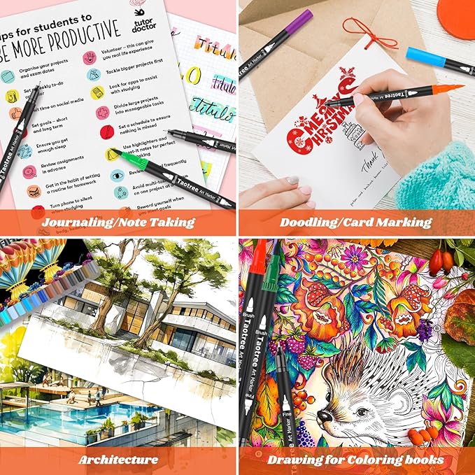 Taotree 36 Colors Dual Tip Art Markers Pens for Kids Adult Coloring Books, Artist Fine & Brush Tip Coloring Marker Drawing Pens for Journaling Note Taking Lettering Calligraphy Craft Art Supplies Set
