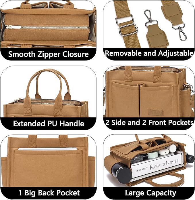 Tote Bag for Women With Compartments,Large Canvas Tote Women's Purse Crossbody Bags Work Laptop Book Bag Satchels Handbags