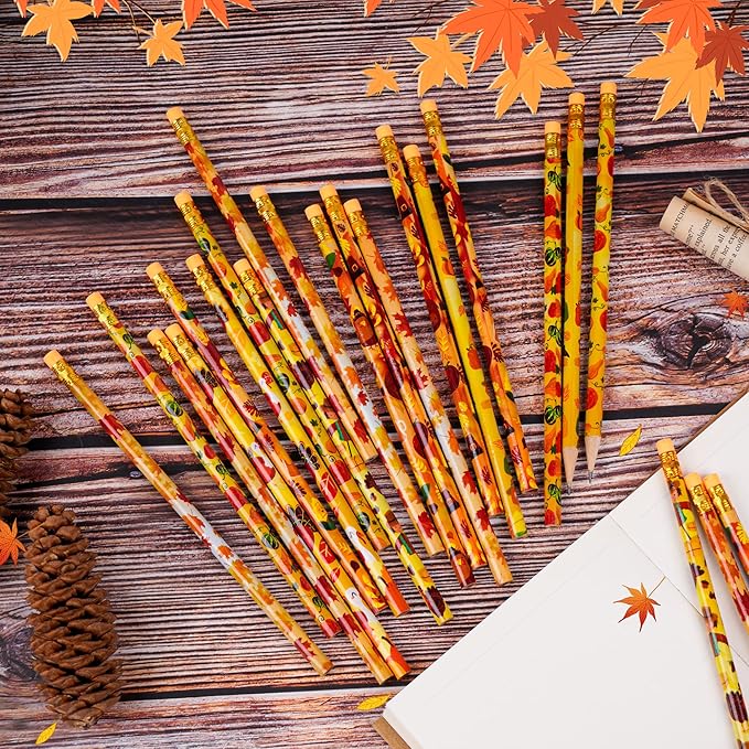 Kolewo4ever 200 Pieces Fall Pencils Thanksgiving Party Pencils Assortment Cylinder Wood Pencil Maple Leaf Autumn Turkey Pencil for Thanksgiving Pumpkin Autumn Gift,6 Styles