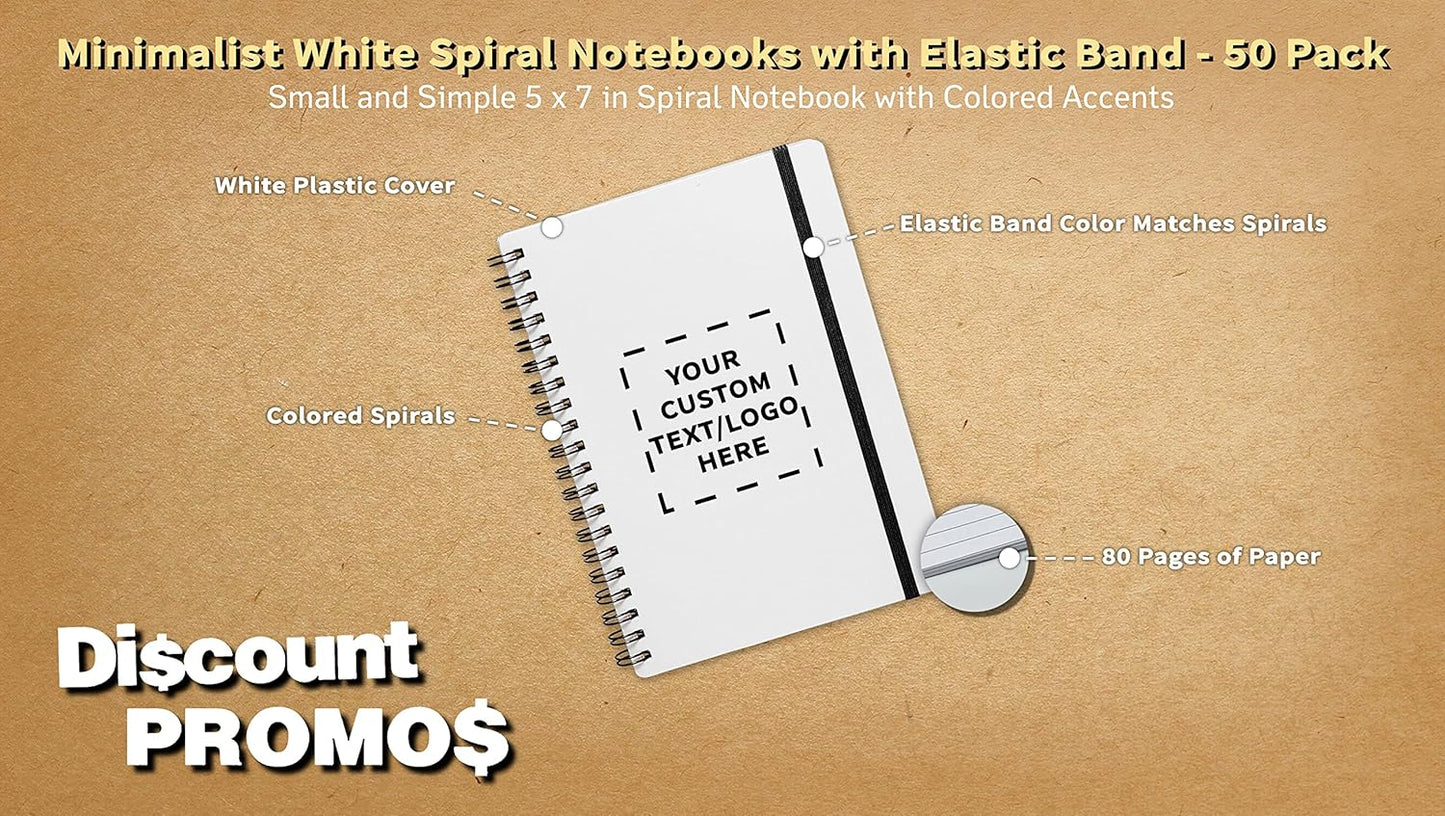 50 White Spiral Notebooks with Elastic Band Pack - Customizable Text, Logo - 80 lined pages, Recycled - Black