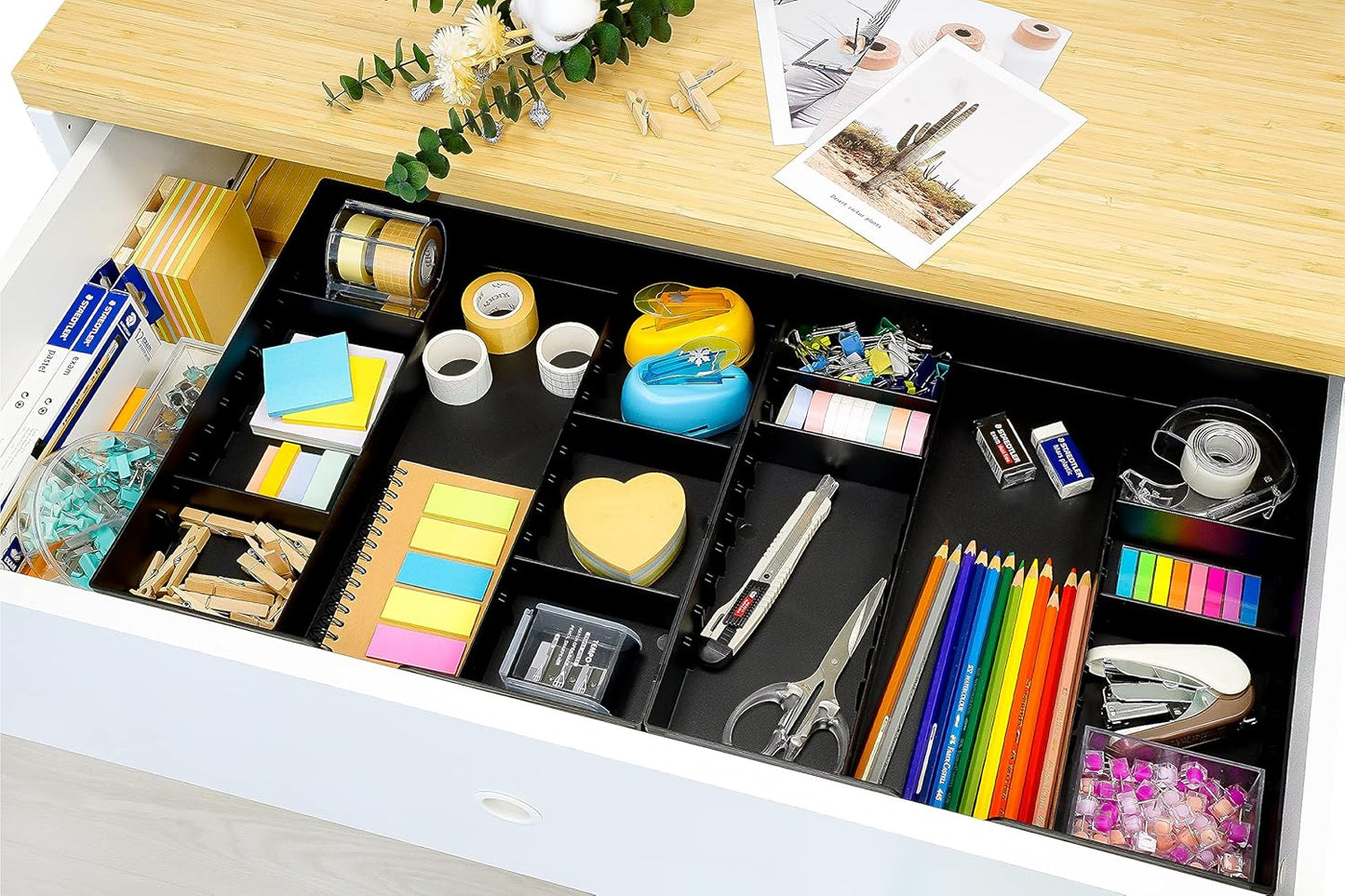 CAXXA 3 Slot Drawer Organizer with 4 Adjustable Dividers - Junk Drawer Storage for Makeup & Vanity, Office Desk Supplies and Accessories (BLACK, 1 PACK)