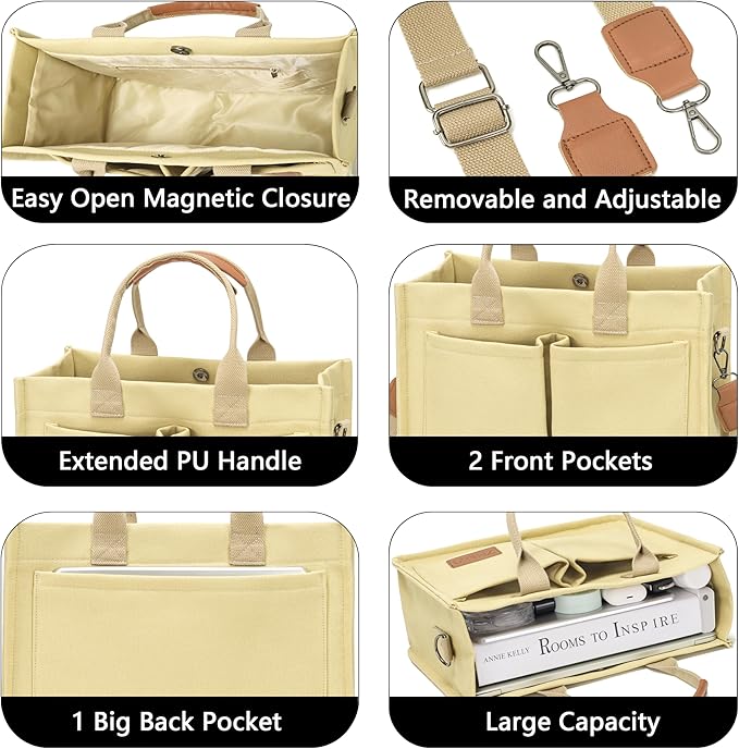 Tote Bag for Women With Compartments,Large Canvas Tote Women's Purse Crossbody Bags Work Laptop Book Bag Satchels Handbags