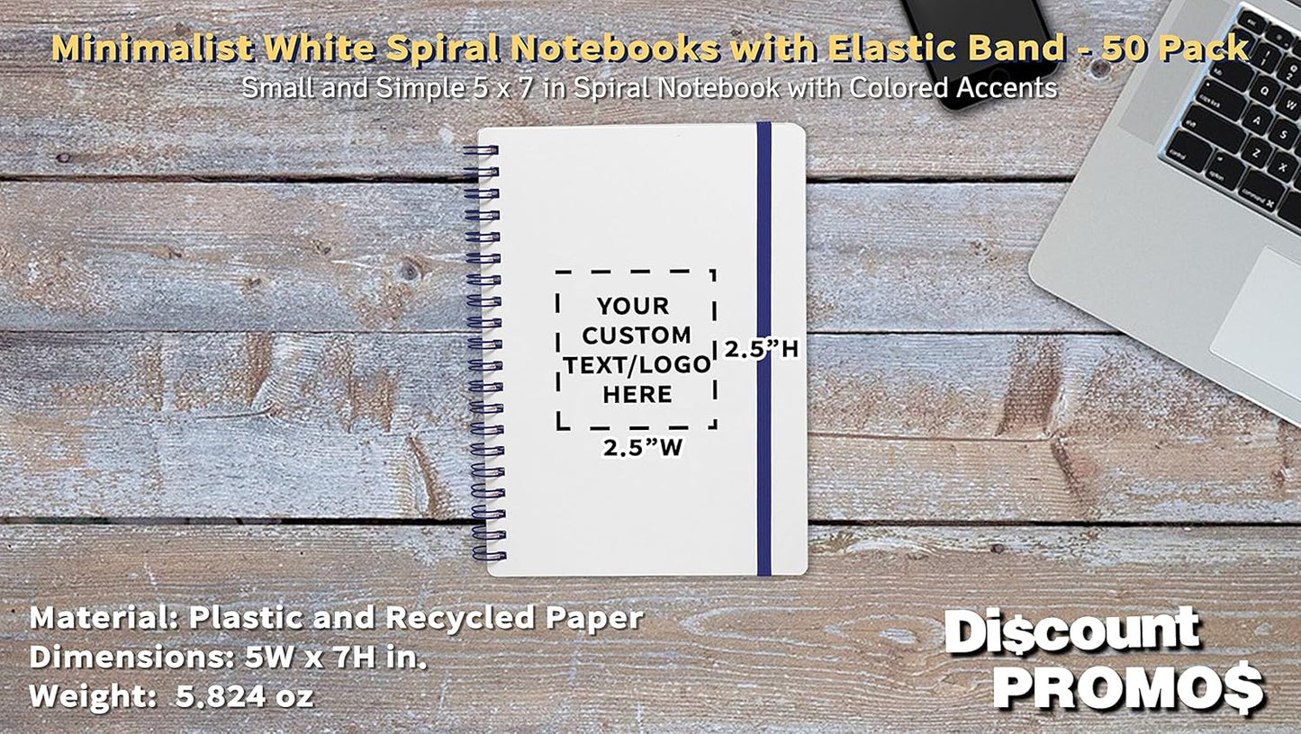 50 White Spiral Notebooks with Elastic Band Pack - Customizable Text, Logo - 80 lined pages, Recycled - Blue