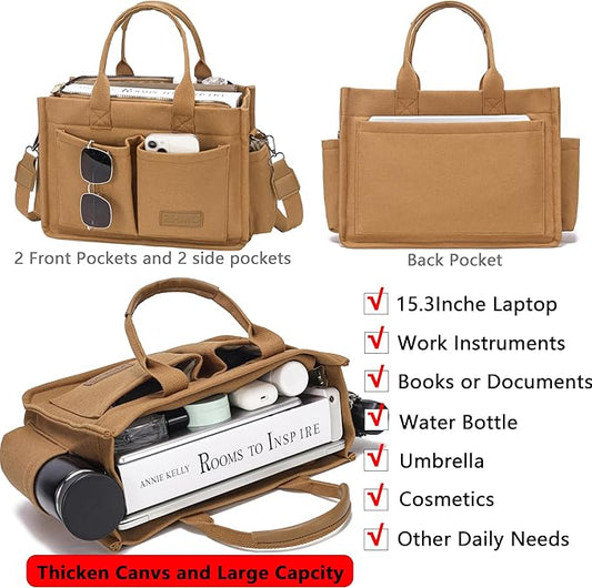 Tote Bag for Women With Compartments,Large Canvas Tote Women's Purse Crossbody Bags Work Laptop Book Bag Satchels Handbags