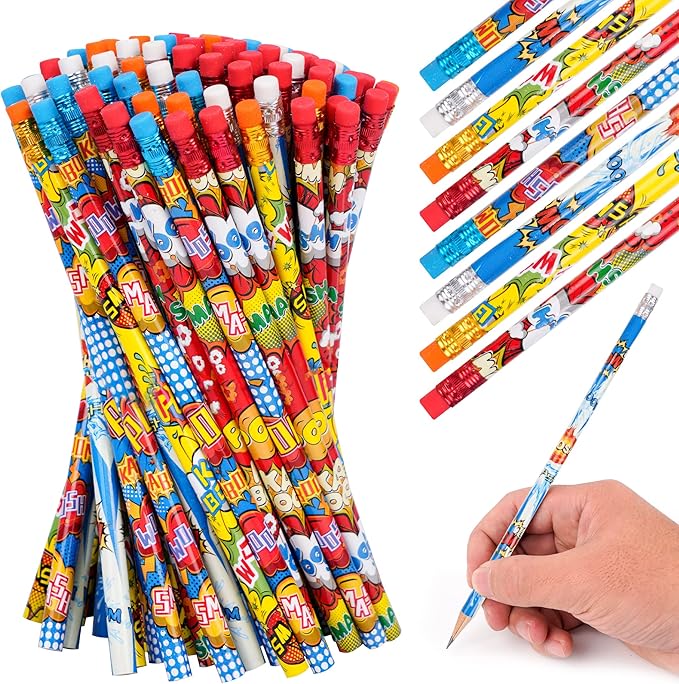 Kolewo4ever 200 Pieces Hero Text Pencils Cylinder Wood Pencils Pow Snap Wham Bang Elements Pencil 4 Style Assorted Kids Pencil for Classroom Rewards Carnival Prizes