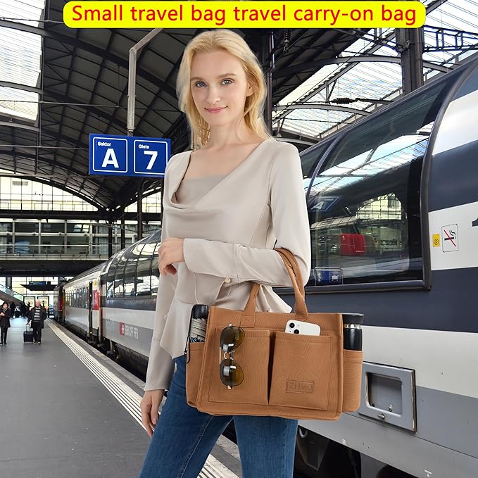 Tote Bag for Women With Compartments,Large Canvas Tote Women's Purse Crossbody Bags Work Laptop Book Bag Satchels Handbags