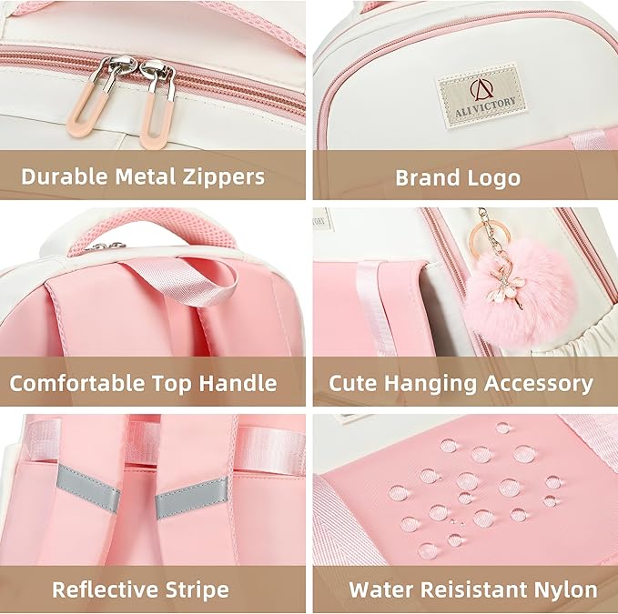 AO ALI VICTORY School Backpack for Girls Women 15.6 Inch Laptop Backpacks College Bookbag Cute Kids Elementary Middle High School Bag with Lunch Box Set for Teens Students Travel Daypack, Pink Set