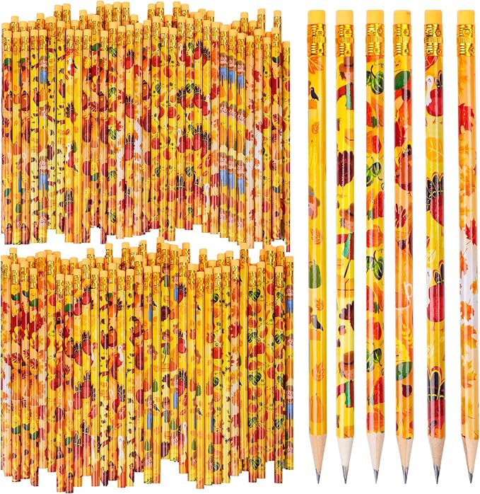 Kolewo4ever 200 Pieces Fall Pencils Thanksgiving Party Pencils Assortment Cylinder Wood Pencil Maple Leaf Autumn Turkey Pencil for Thanksgiving Pumpkin Autumn Gift,6 Styles