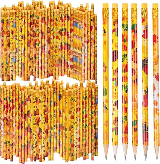Kolewo4ever 200 Pieces Fall Pencils Thanksgiving Party Pencils Assortment Cylinder Wood Pencil Maple Leaf Autumn Turkey Pencil for Thanksgiving Pumpkin Autumn Gift,6 Styles