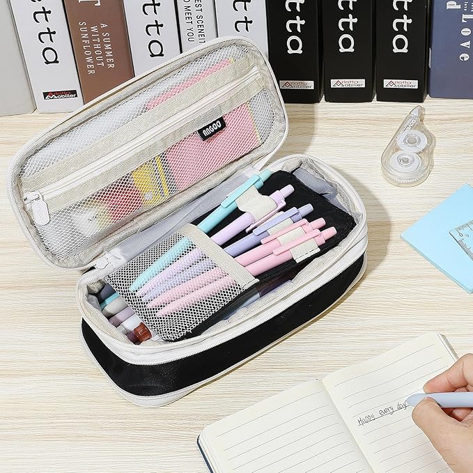 MoKo Large Capacity Pencil Case, Aesthetic Pencil Pouch Bag with Zipper, Cute Pen Case Stationery Organizer Holder for Office/School Supplies, Back to School Gift, Black
