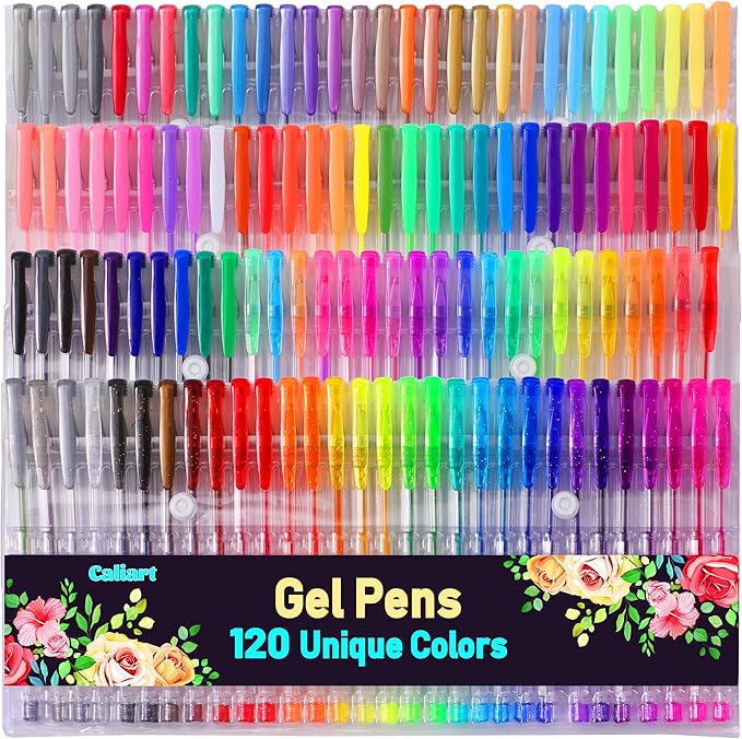 120 Color Gel Pens, 40% More Ink Fine Point Colored Pens, Neon Glitter Gel Pens for Adult Coloring Book, Drawing, Doodling, Scrapbook, Journaling, Sparkle Pen Gift for Kids