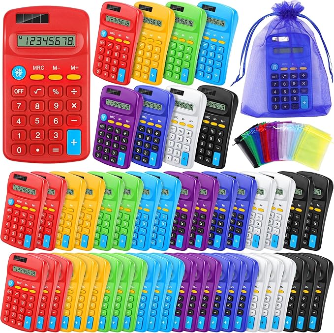 Aodaer 48 Pieces Back to School Pocket Size Calculator with Drawstring Bags Back to School 8 Digit Display Basic Calculator Mini Calculator Bulk for School Students Desktop Home Office, 8 Colors