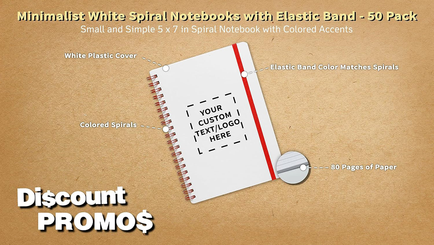 50 White Spiral Notebooks with Elastic Band Pack - Customizable Text, Logo - 80 lined pages, Recycled - Red